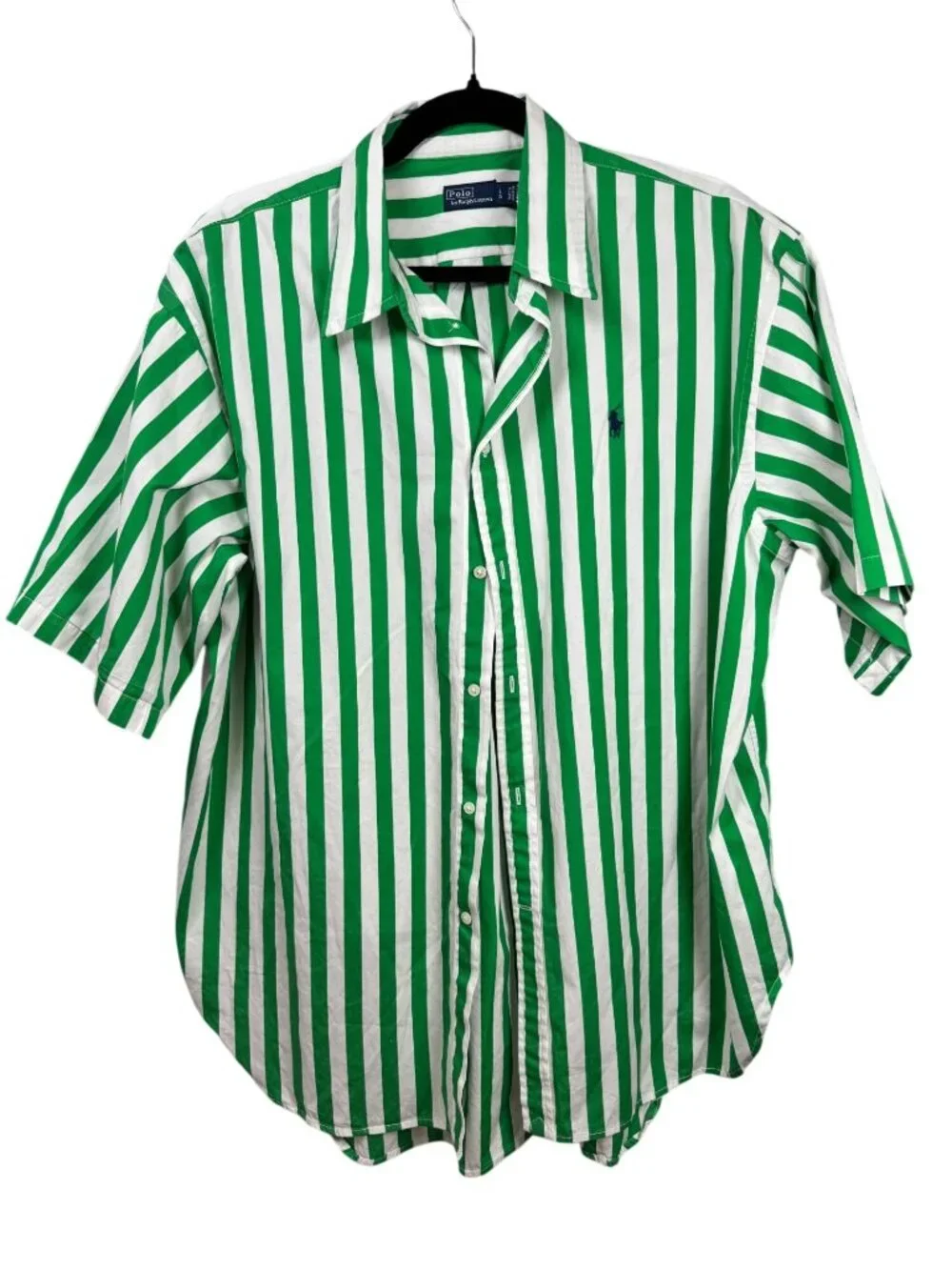 Polo Ralph Lauren Green White Striped Short Sleeve Button-Up Shirt Large Cotton